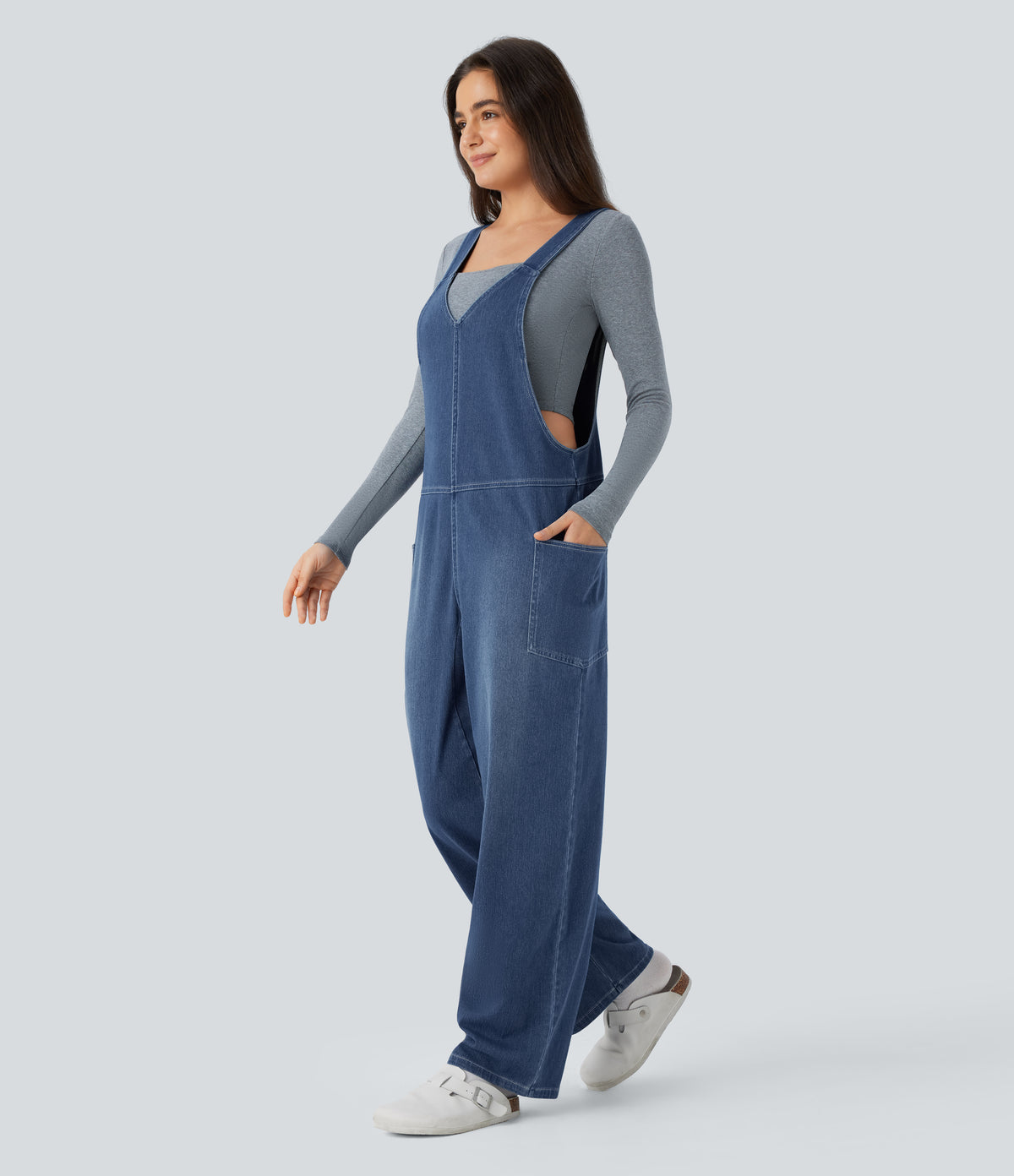 Halara Flex™ V Neck Pocket Washed Denim Casual Overalls - Frost Blue Denim