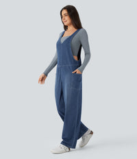 Halara Flex™ V Neck Pocket Washed Denim Casual Overalls - Frost Blue Denim