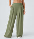 High Waisted Pocket Wide Leg Flowy Solid Palazzo Casual Linen-Feel Pants - Catkin Green