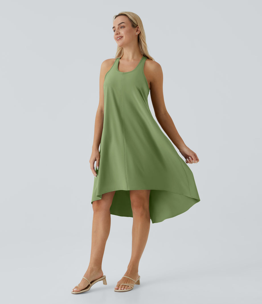Breezeful™ Backless Racerback Side Pocket High Low Flowy Midi Quick Dry Casual Dress - Hot Wasabi - Green