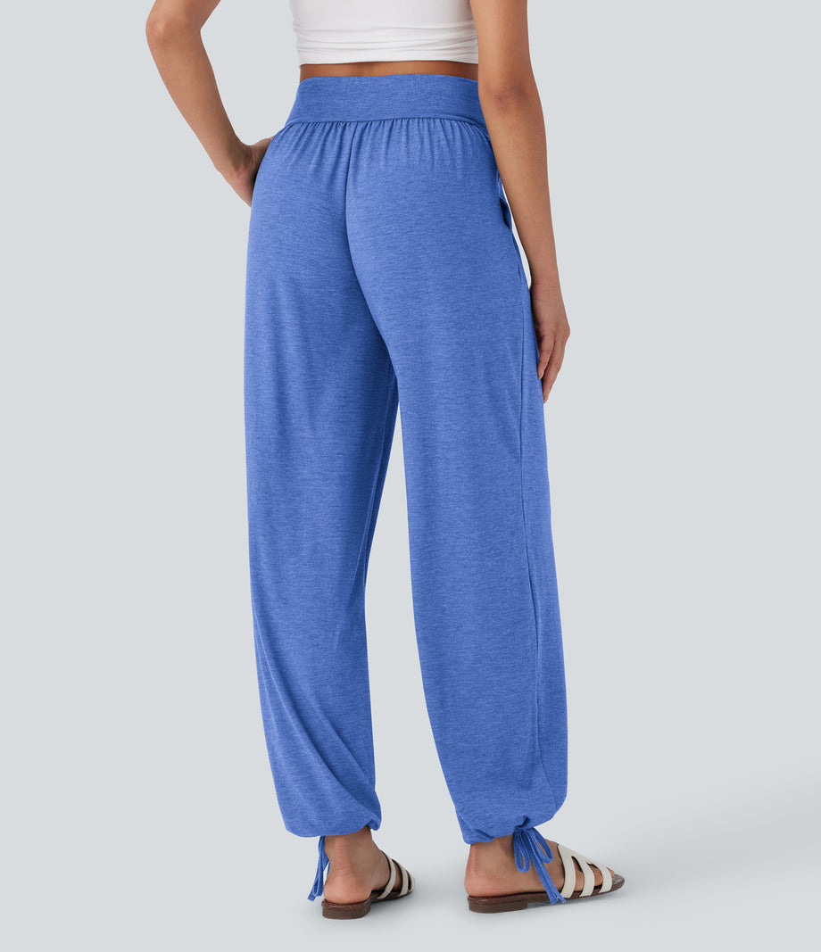 Crossover High Waisted Pocket Drawstring Casual Joggers - Sky Blue Floral Yarn