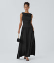 Ribbed Boat Neck Asymmetric Strap Ruched Pocket Flowy Maxi Casual Dress - Black