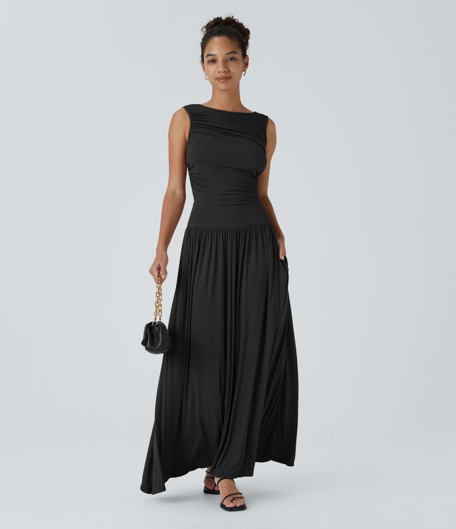 Ribbed Boat Neck Asymmetric Strap Ruched Pocket Flowy Maxi Casual Dress - Black
