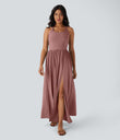 Twisted Backless Split Flowy Maxi Resort Dress with Pockets - Brick Red Mix