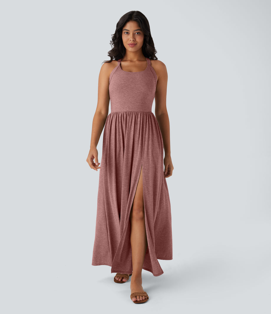 Twisted Backless Split Flowy Maxi Resort Dress with Pockets - Brick Red Mix