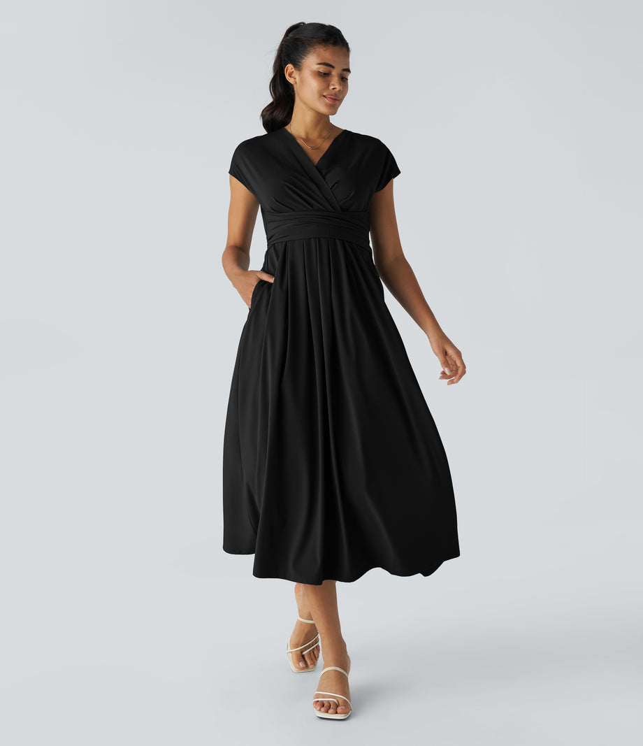 Breezeful™ V Neck Short Sleeve Pocket Tie Back Quick Dry Midi Casual Dress-Longer Length - Black