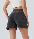 Halara Flex™ Crossover High Waisted Pockets Wide Leg A Line Washed Denim Casual Shorts - Iron Gate Denim