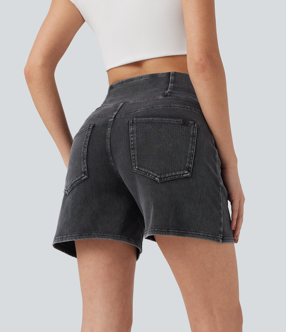 Halara Flex™ Crossover High Waisted Pockets Wide Leg A Line Washed Denim Casual Shorts - Iron Gate Denim