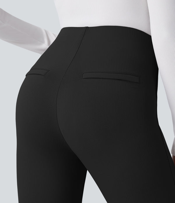 High Waisted Tummy Control Decorative Back Zipper Pockets Herringbone Work Leggings - Black