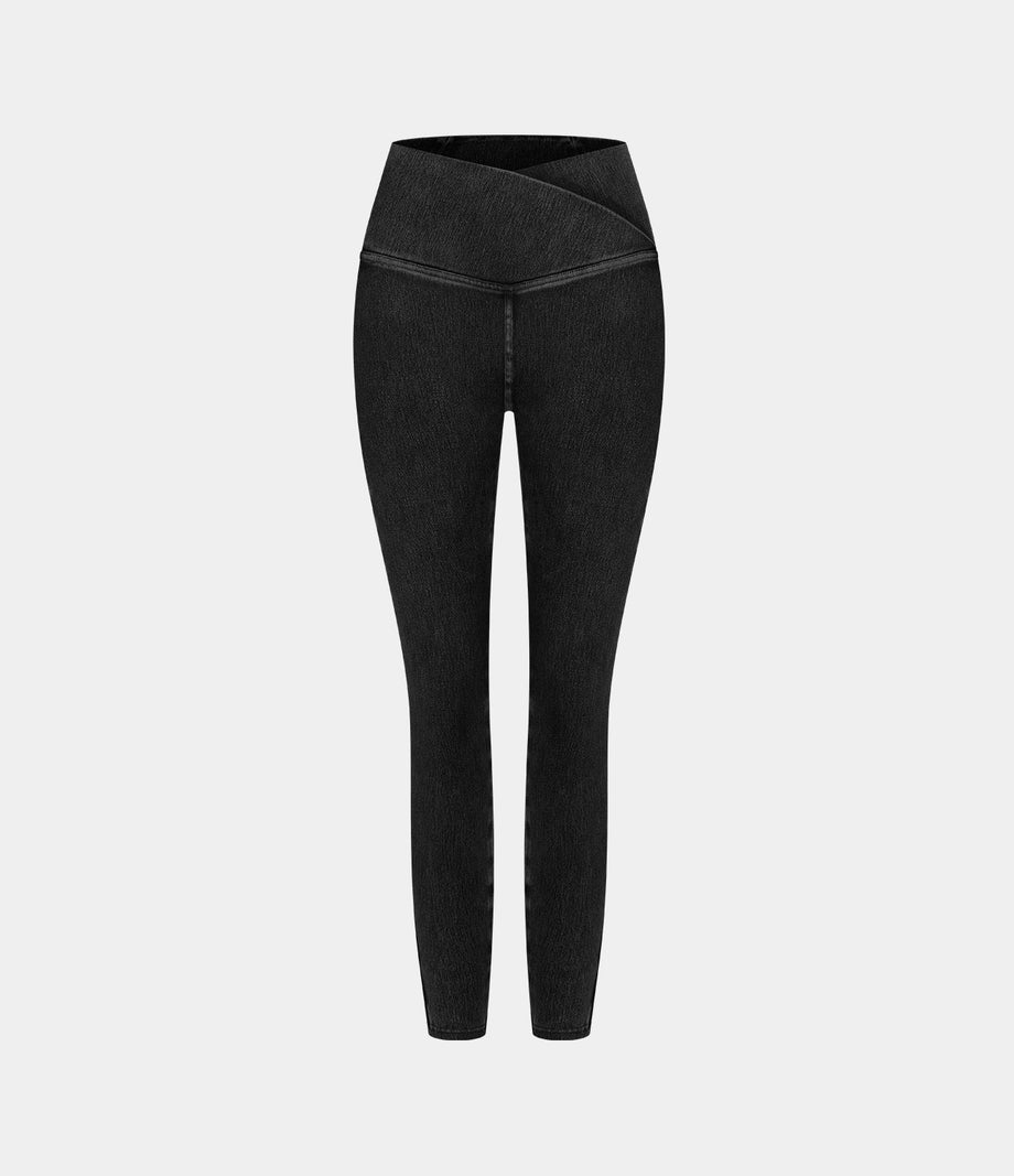 Halara Flex™ Crossover Pocket Washed Denim Work Leggings - Hemp Rope Black Denim