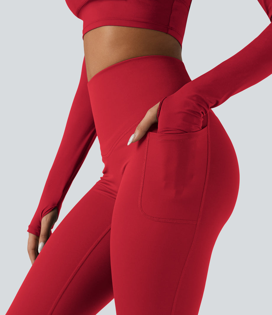 Halara Ultrasculpt™ Heat High Waisted Tummy Control Crossover Back Fleece Running Leggings with Pockets - Salsa