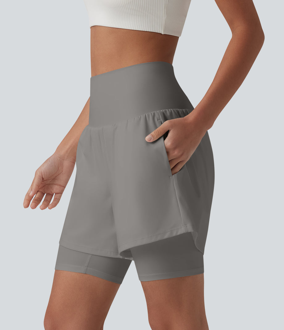 SoftlyZero™ Airy Super High Waisted 2-in-1 Cool Touch Yoga Shorts 7'' with Pockets - Steeple Gray