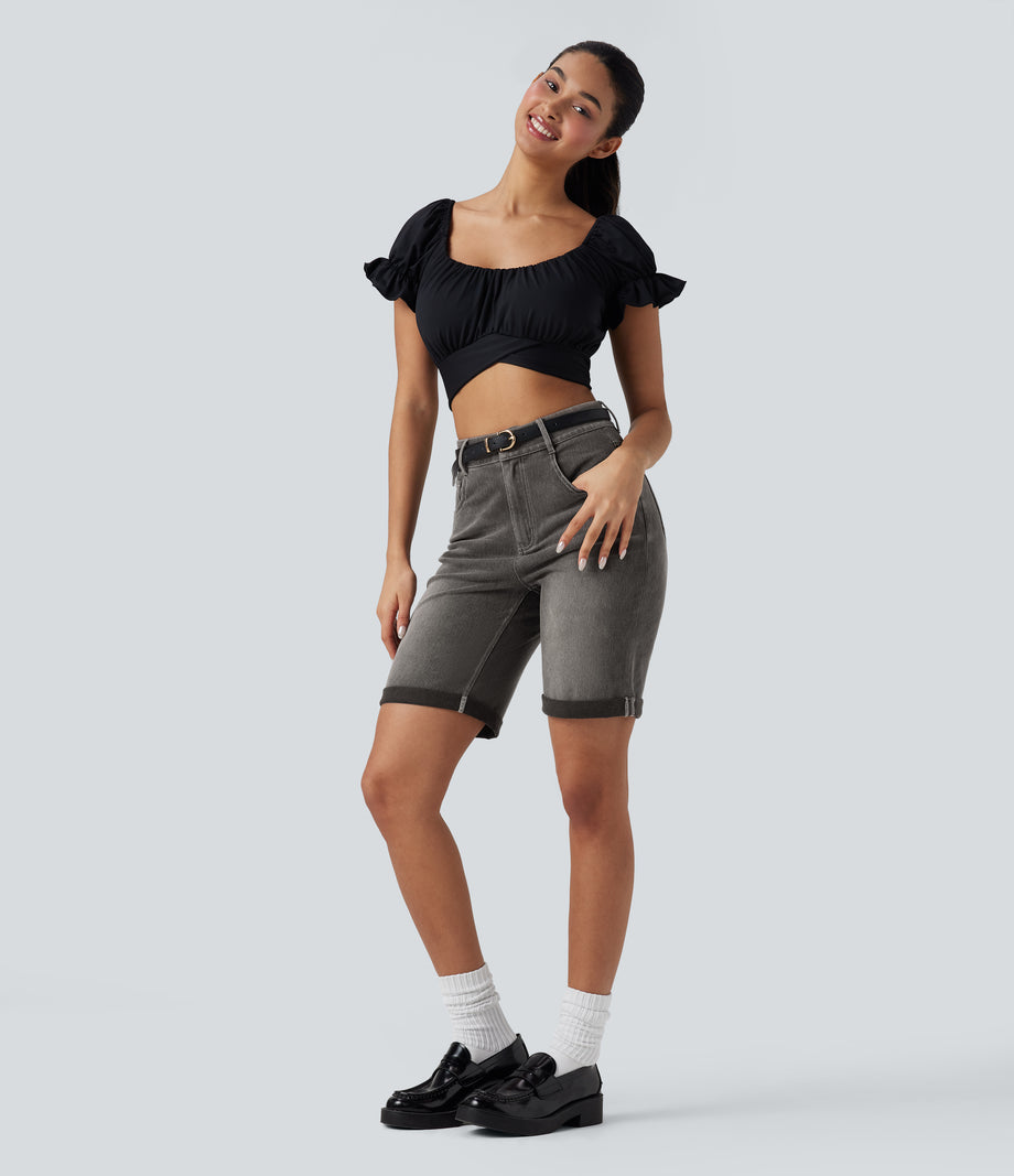 Halara Flex™ High Waisted Pockets Rolled Hem Washed Denim Casual Bermuda Shorts - Cool Gray Denim