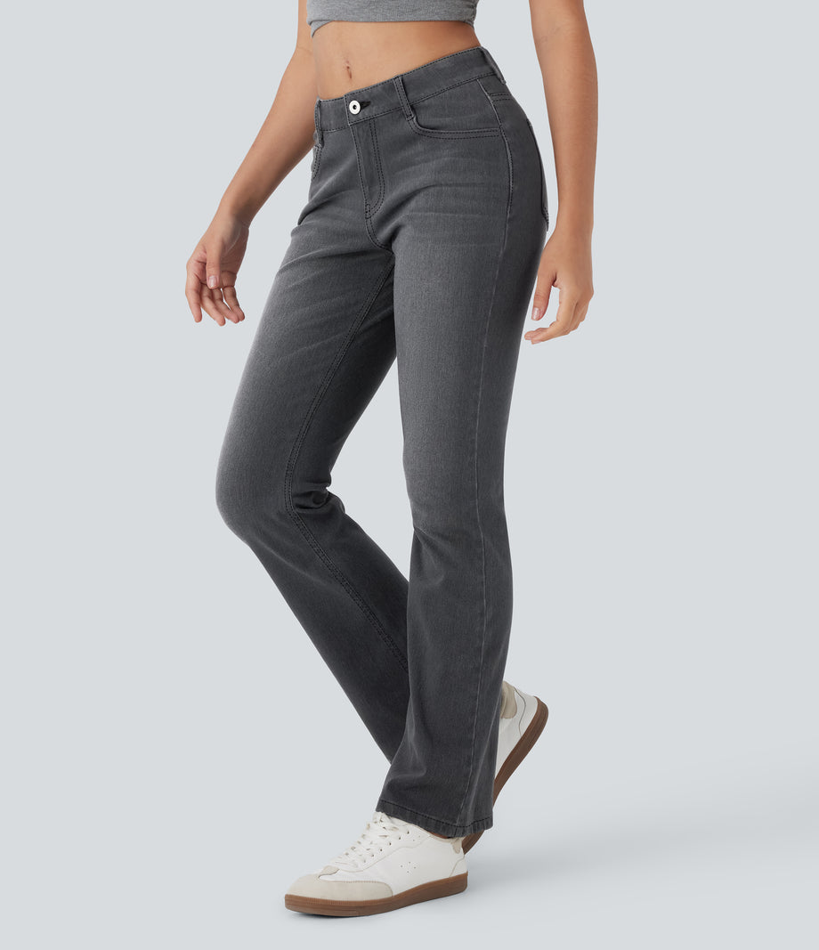 Halara Flex™ Low Rise Zipper Pockets Washed Casual Bootcut Jeans - Dirty Black Denim