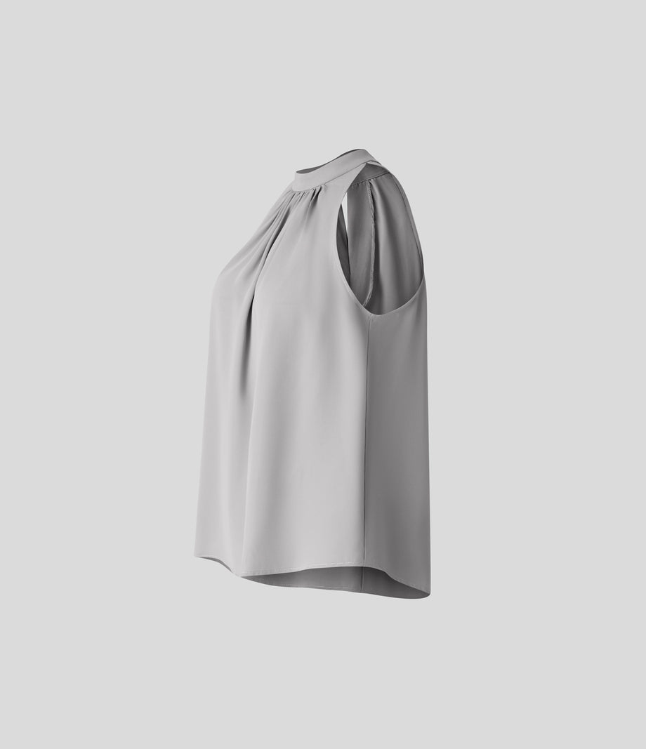 Keyhole Back Halter Sleeveless Curved Hem Work Blouse - Sandalwood Grey