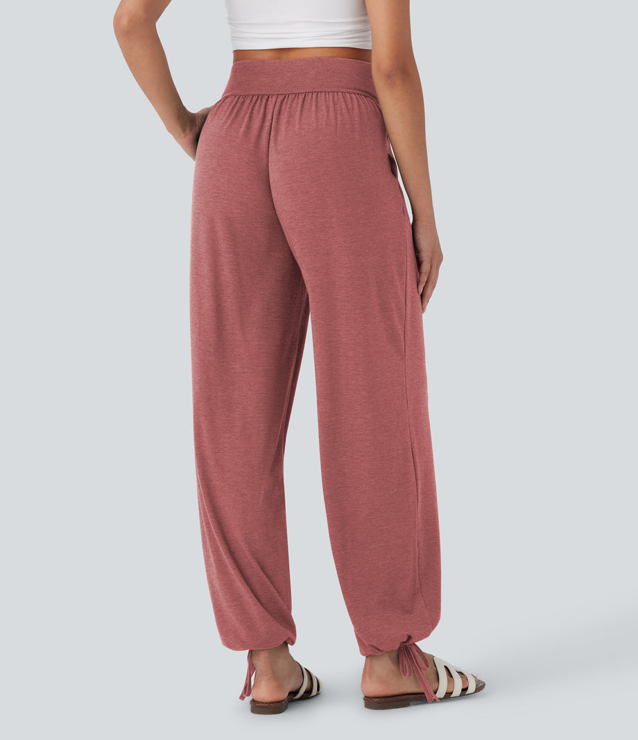 Crossover High Waisted Pocket Drawstring Casual Joggers - Brick Red Mix