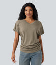 V-neck Short Sleeve Ruched Relaxed Casual Top - Khaki Floral Yarn