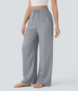 High Waisted Drawstring Pocket Wide Leg Baggy Casual Linen-Feel Pants - Steel Gray