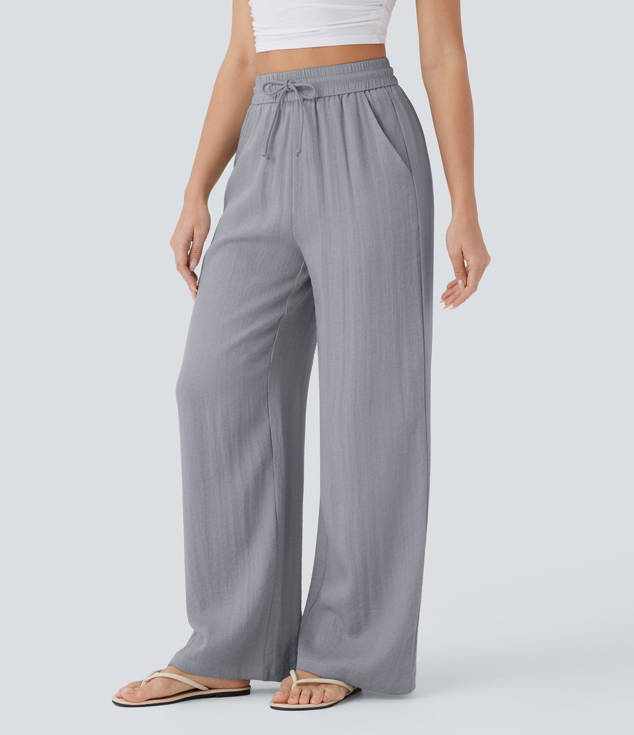 High Waisted Drawstring Pocket Wide Leg Baggy Casual Linen-Feel Pants - Steel Gray
