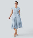 Breezeful™ V Neck Short Sleeve Pocket Tie Back Quick Dry Midi Casual Dress - Baby Blue