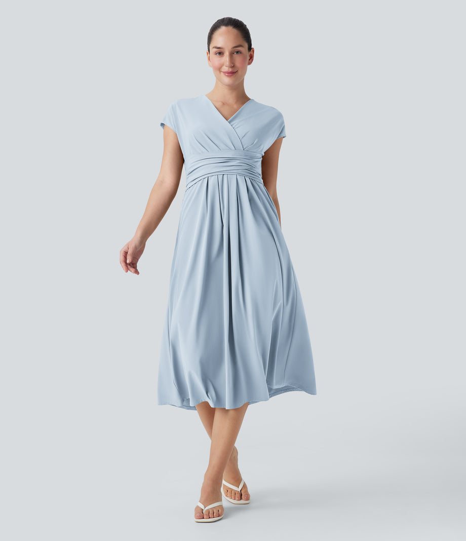 Breezeful™ V Neck Short Sleeve Pocket Tie Back Quick Dry Midi Casual Dress - Baby Blue