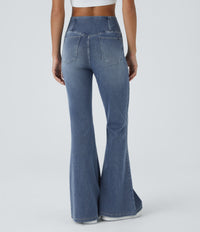 Halara Flex™ High Waisted Crossover Pocket Washed Casual Flare Jeans - Blue Gray Denim