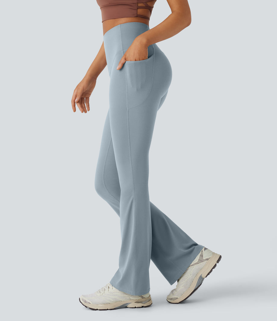 Halara UltraSculpt™ High Waisted Tummy Control Pocket Shaping Yoga Bootcut Leggings - Blue Flower Gray