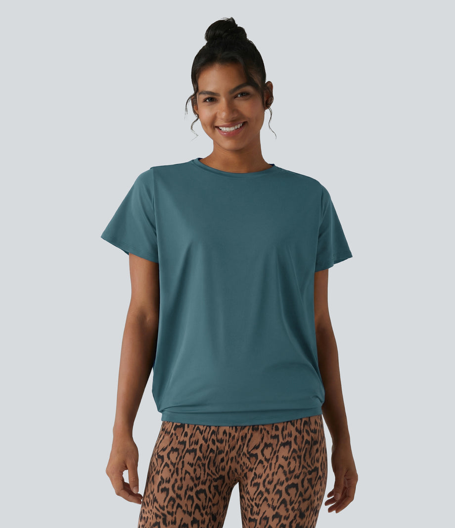 Round Neck Short Sleeve Ruched Cool Touch Yoga Sports Top-UPF50+ - Hydro