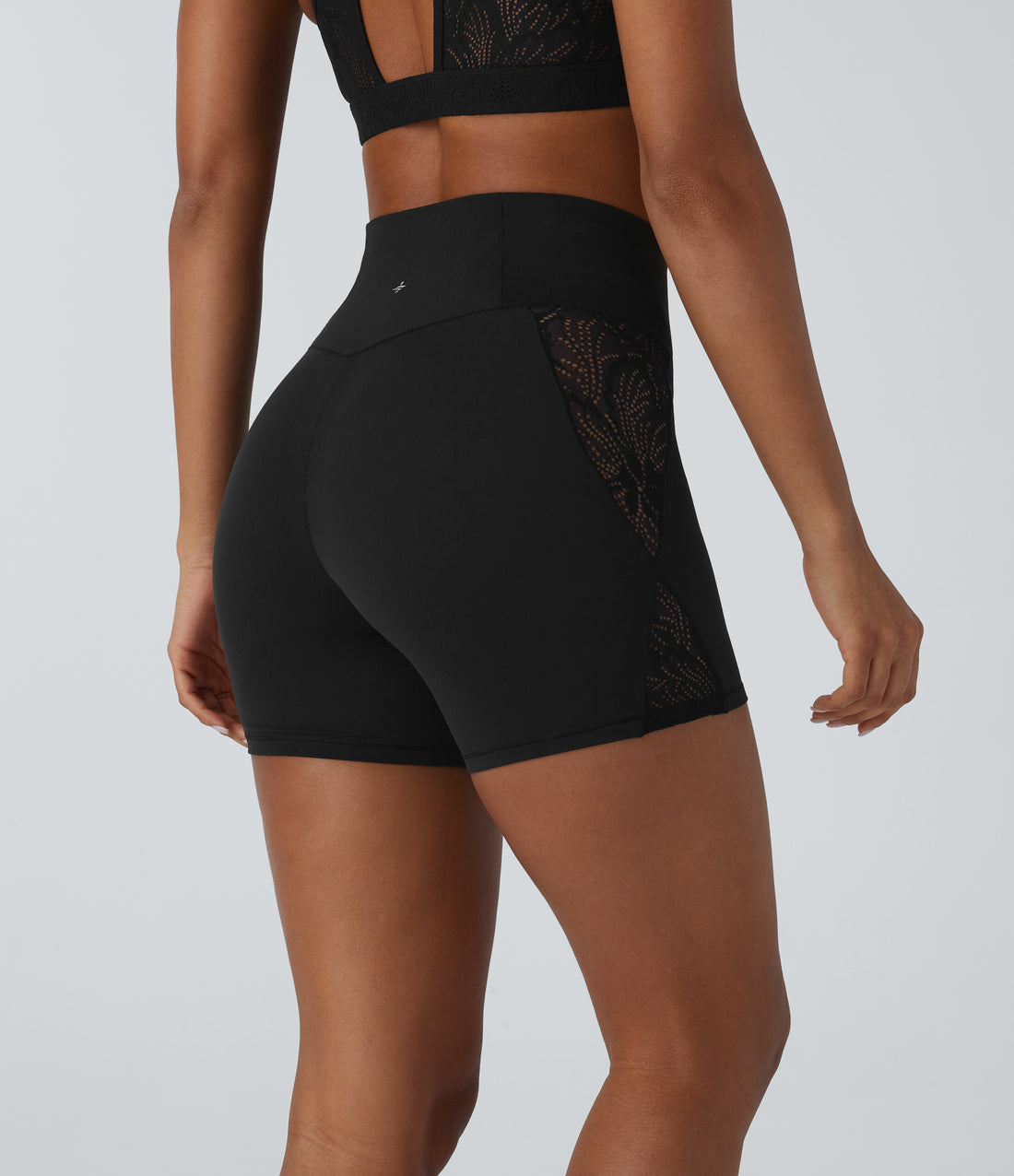 SoftlyZero™ High Waisted Crossover Contrast Lace Pocket Yoga Biker Shorts 5''-UPF50+ - Black