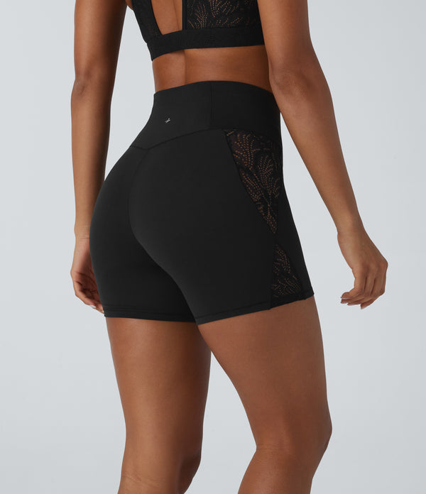 SoftlyZero™ High Waisted Crossover Contrast Lace Pocket Yoga Biker Shorts 5''-UPF50+ - Black