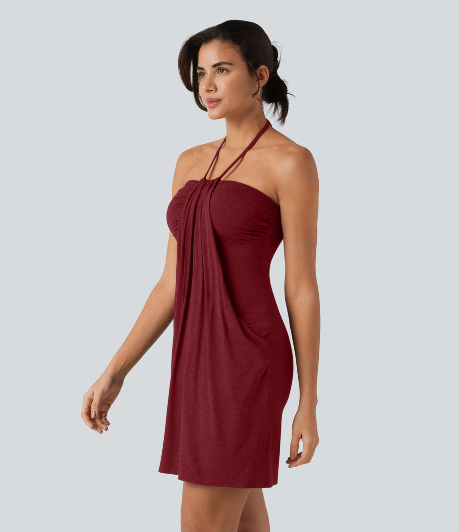 Halter Tie Back Mini Resort Dress with Pockets - Emboldened