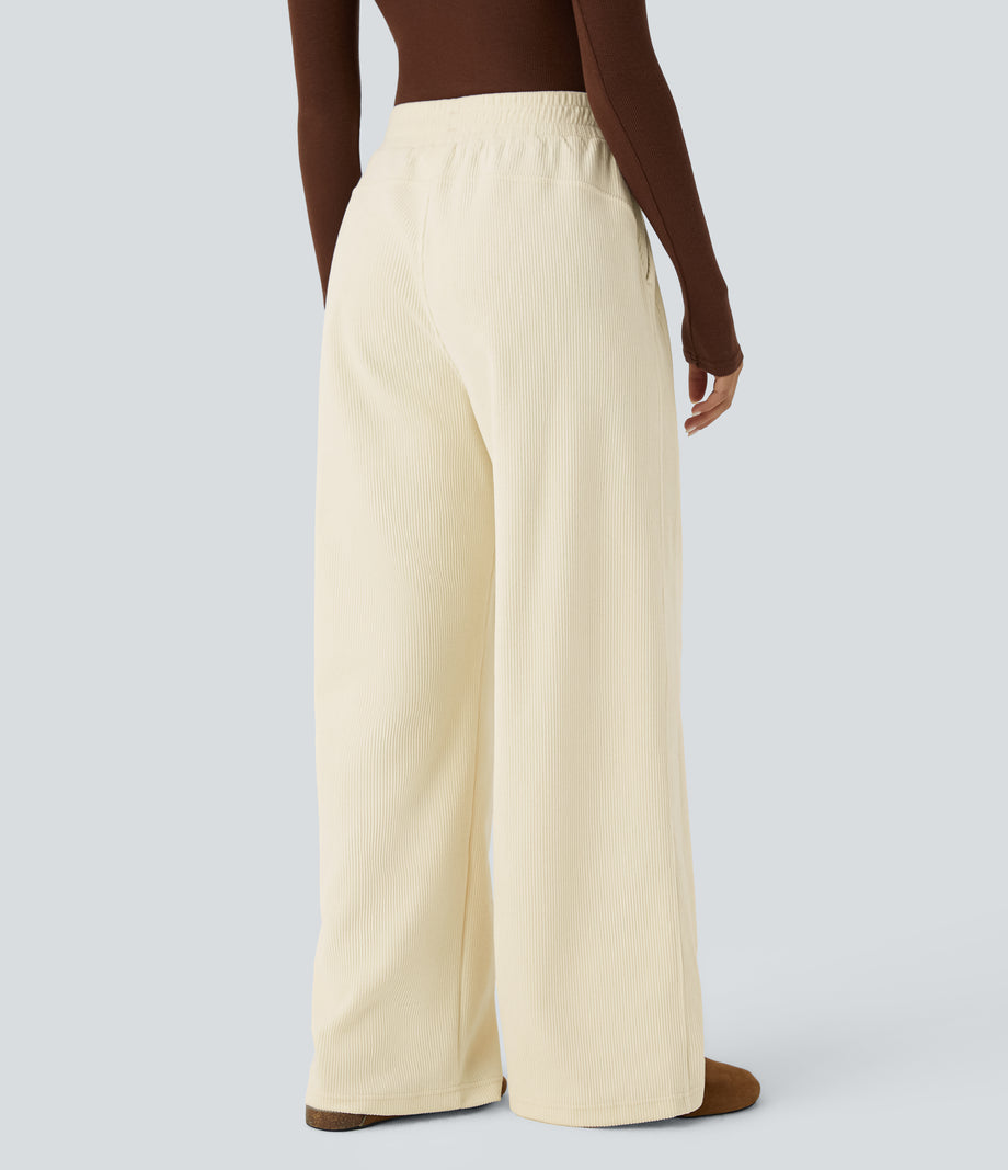 High Waisted Pocket Straight Leg Baggy Mop Corduroy Casual Pants - Vanilla Ice