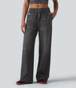 Mid Rise Denim Print French Terry Casual Sweatpants Jeans with Pockets - Smoky Washed Black