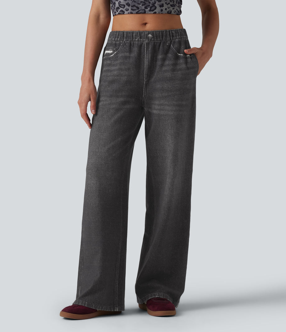 Mid Rise Denim Print French Terry Casual Sweatpants Jeans with Pockets - Smoky Washed Black