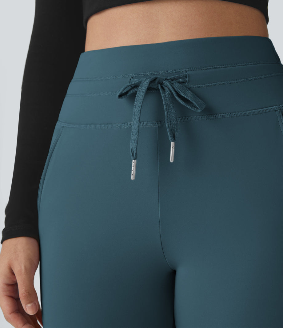 SoftlyZero™ Plush High Waisted Drawstring Pocket Plain Full Length Joggers - Oxford Blue