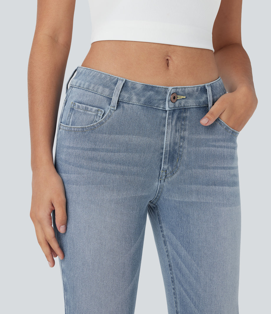 Halara Flex™ Low Rise Zipper Pockets Washed Casual Bootcut Jeans - Blue Spruce Denim
