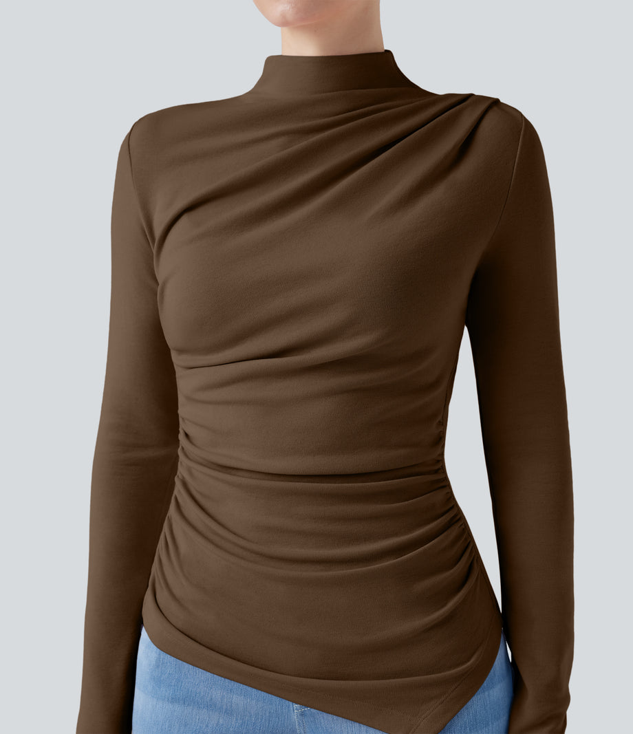 Mock-neck Long Sleeve Ruched Asymmetric Hem Thermal Casual Top - Cocoa