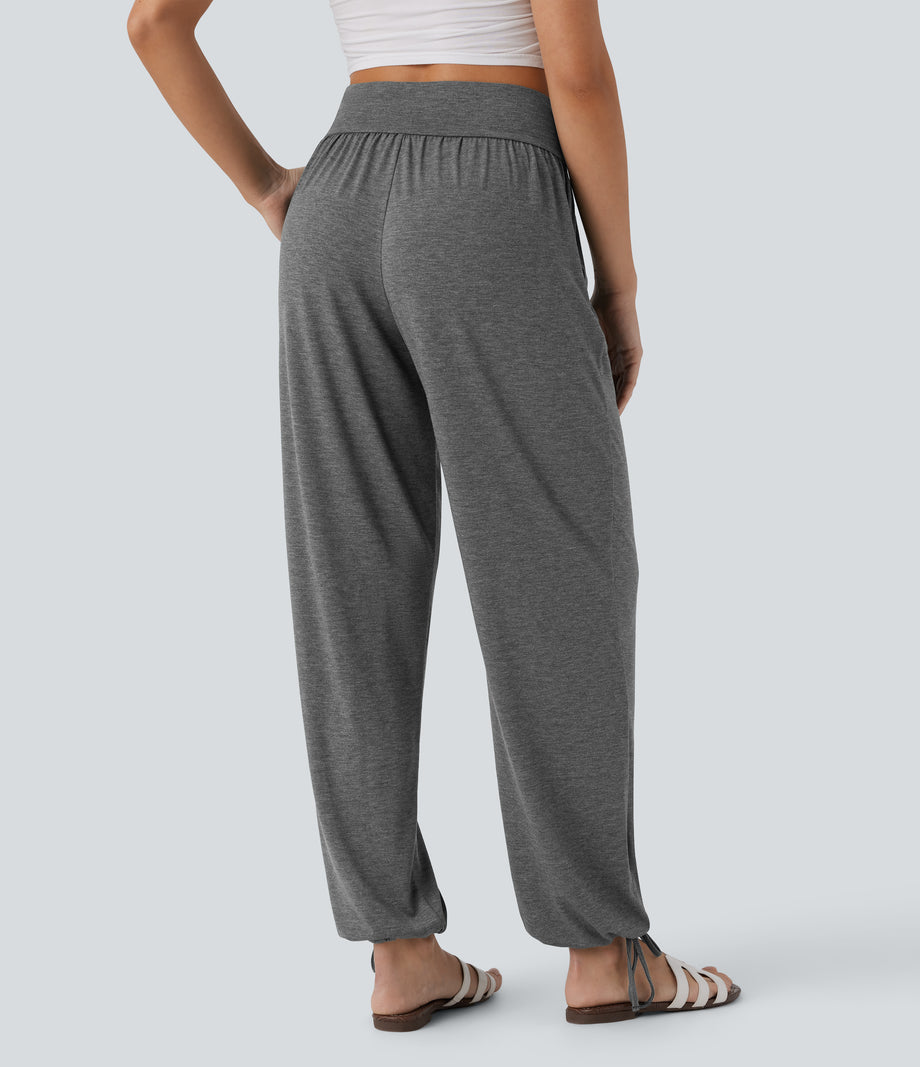 Crossover High Waisted Pocket Drawstring Casual Joggers - Darl Gray Floral Yarn