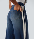 Halara Flex™ High Waisted Stripe Wide Leg Flowy Washed Casual Jeans with Pockets - Blue Surf Denim