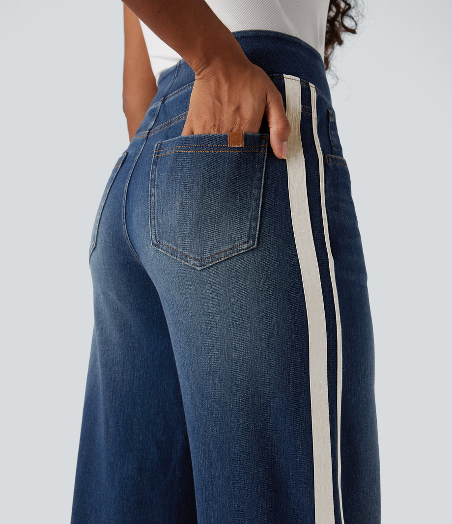 Halara Flex™ High Waisted Stripe Wide Leg Flowy Washed Casual Jeans with Pockets - Blue Surf Denim