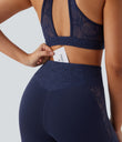 SoftlyZero™ High Waisted Crossover Pocket Contrast Lace Flare Yoga Leggings - Peacoat