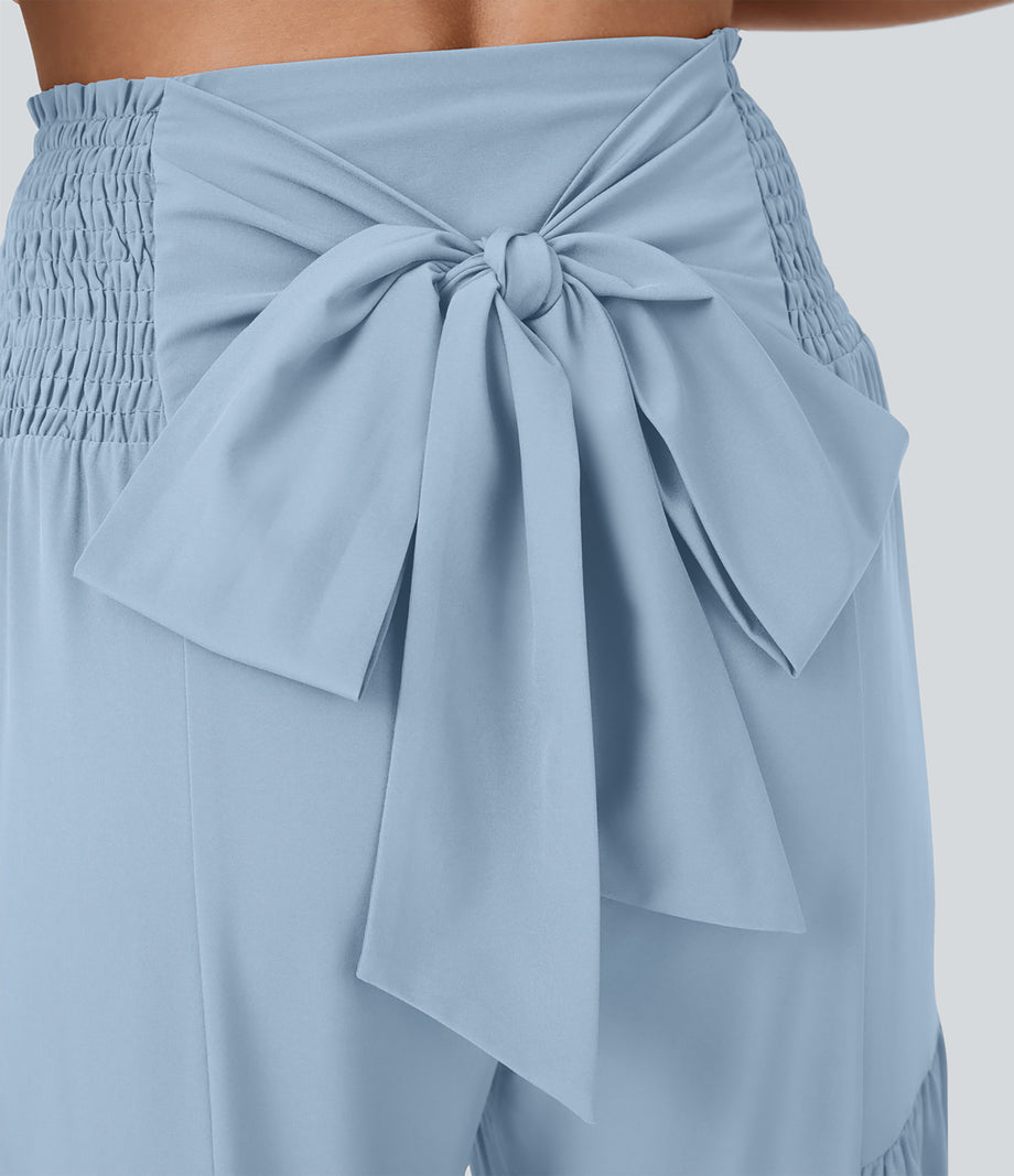 Breezeful™ High Waisted Shirred Tie Front & Back Wide Leg Flowy Quick Dry Casual Pants - Thin Ice Blue