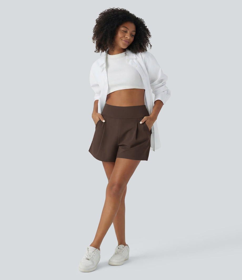 DayStretch High Waisted Work Baggy Shorts 4'' with Pockets - Chocolate Martini