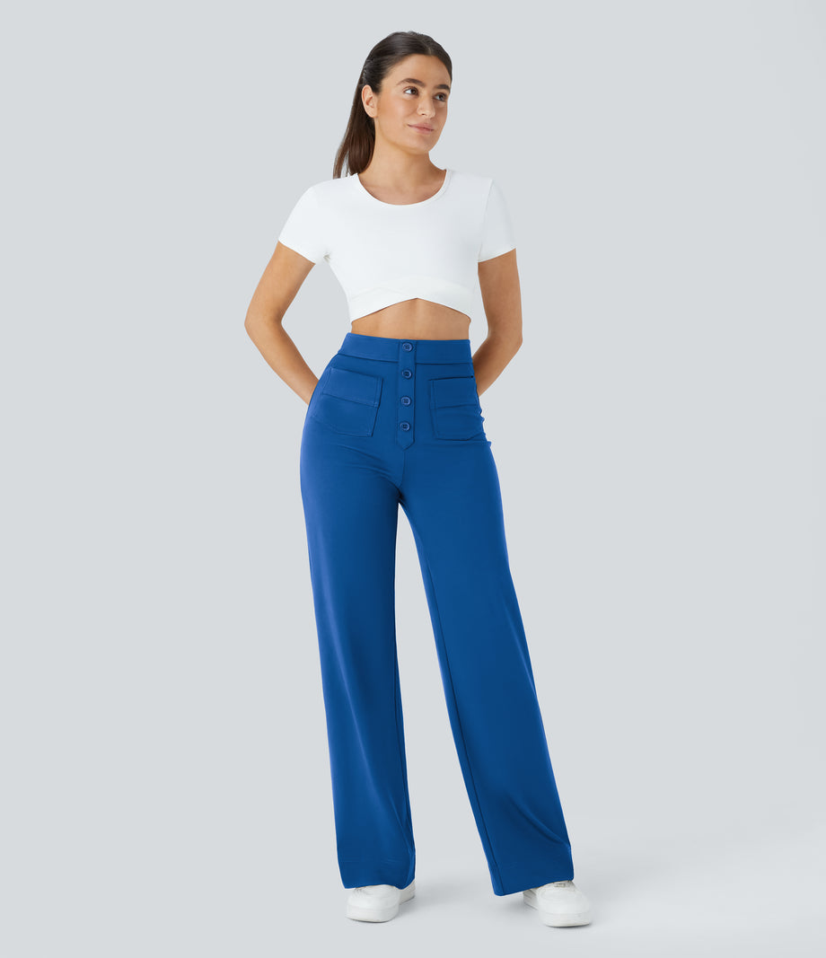 DayStretch High Waisted Pockets Straight Leg Casual Pants - Victoria Blue