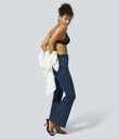 Halara Flex™ High Waisted Crossover Pocket Washed Casual Jeans - Washed Denim Navy Blue