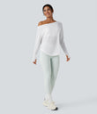 One Shoulder Long Sleeve Thumb Hole Curved Hem High Low Quick Dry Yoga Sports Top-Built-in Bra - White