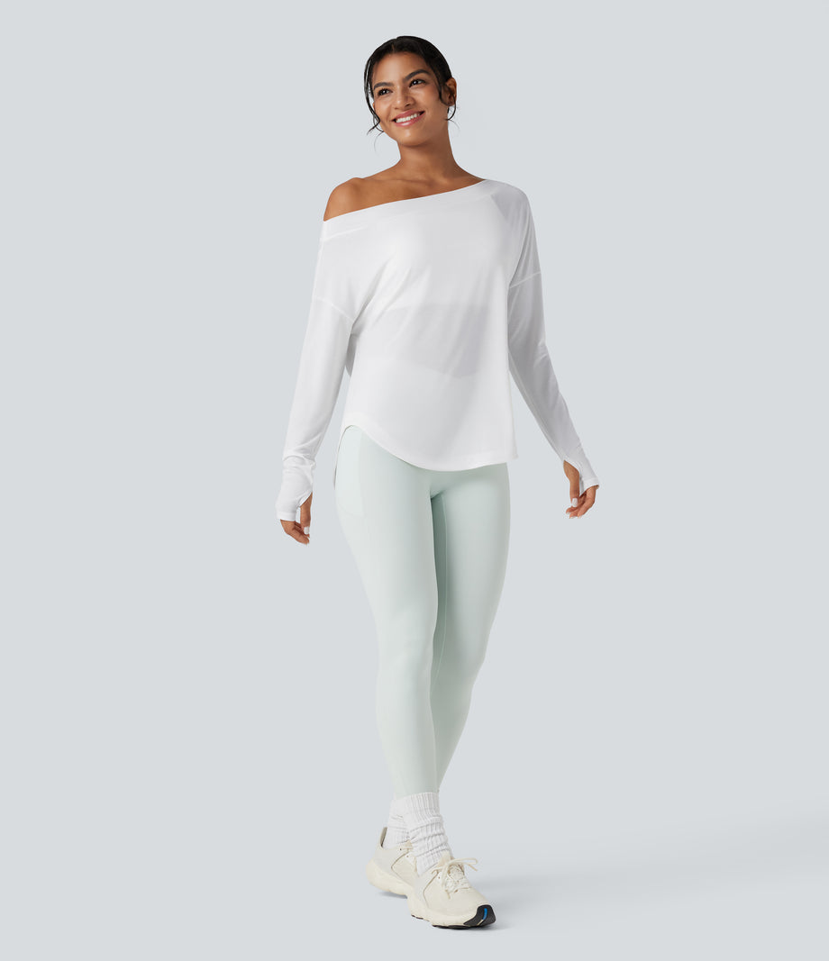 One Shoulder Long Sleeve Thumb Hole Curved Hem High Low Quick Dry Yoga Sports Top-Built-in Bra - White