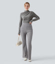 Mock-neck Long Sleeve Ruched Asymmetric Hem Thermal Casual Top - Mottled Cloud Grey