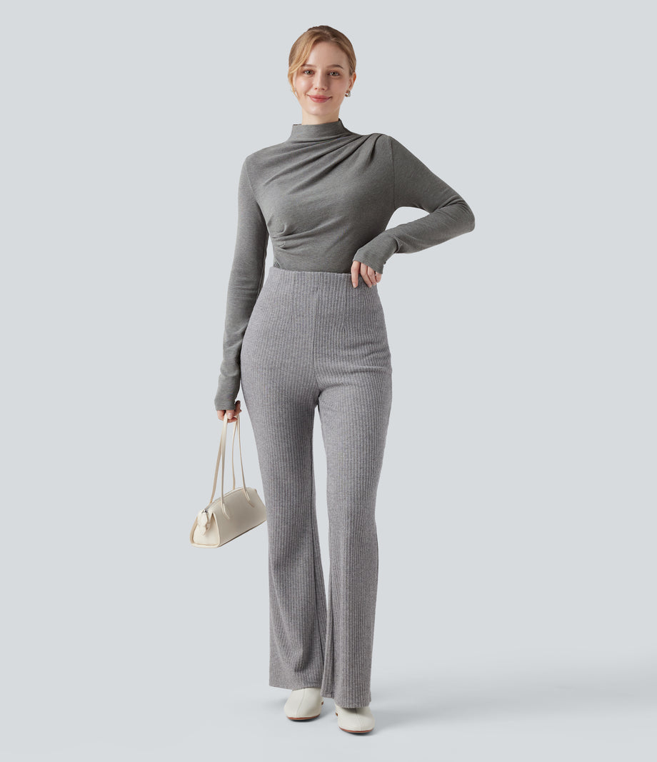 Mock-neck Long Sleeve Ruched Asymmetric Hem Thermal Casual Top - Mottled Cloud Grey