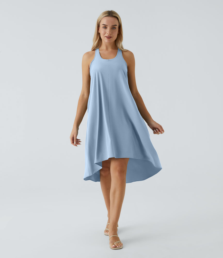 Breezeful™ Backless Racerback Side Pocket High Low Flowy Midi Quick Dry Casual Dress - Ballad Blue